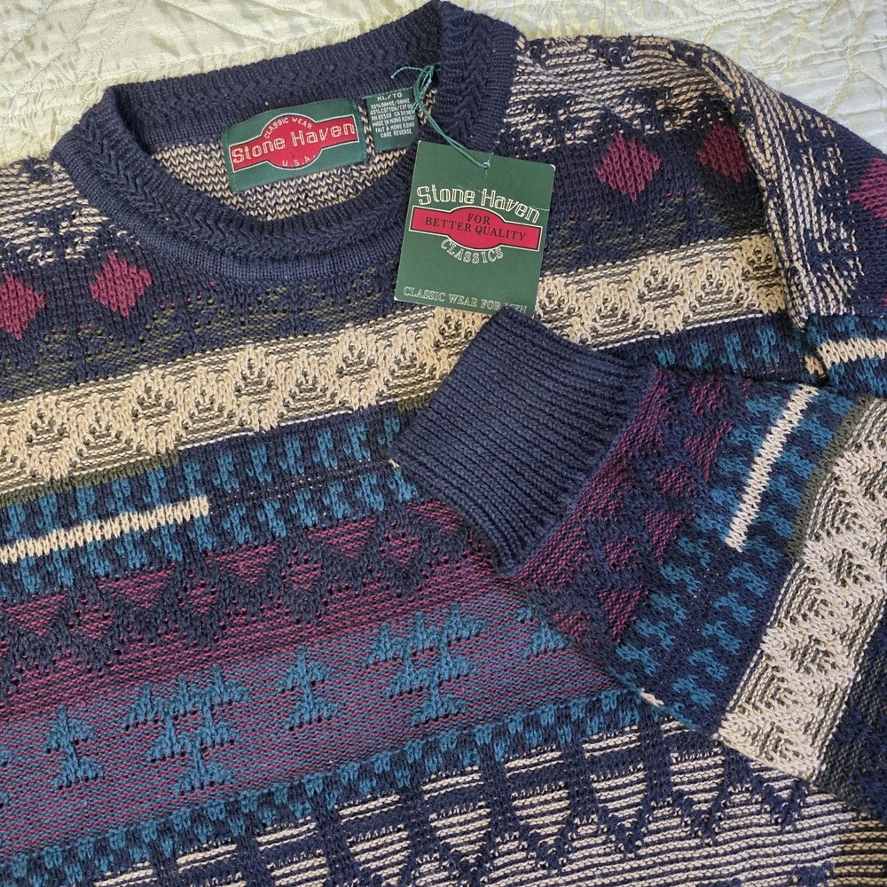 NEW Vintage Stone Haven Sweater Mens XL Multicolor Grandpa Geometric USA‎ Made